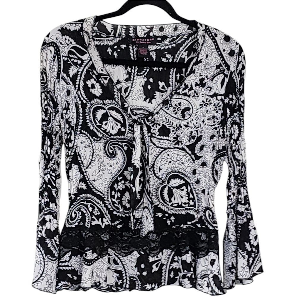 Y2K top black & white floral paisley bell sleeve tie neck Whimsigoth Fairy 8